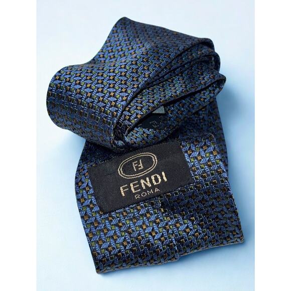 Fendi Men Fendi Roma Silk Tie Handmade Italy Blue Gold Geometric Pattern Luxury Designer